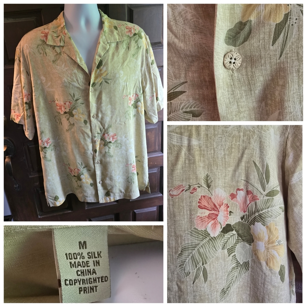 Tommy Bahama 100% Silk Hawaiian Floral Button Down Shirt Size Medium